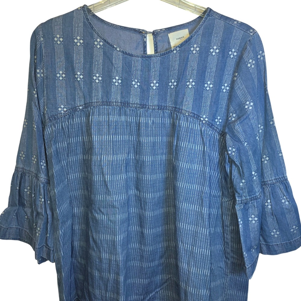 Francescas Harper Chambray‎ Pullover 3/4 Sleeve Blouse Sz Large Blue - Picture 4 of 9